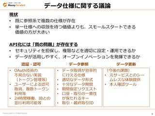 9
© Money Forward Inc. All Rights Reserved
データ仕様に関する議論
現状
• 既に参照系で複数の仕様が存在
• 単一仕様への収斂を待つ価値よりも、スモールスタートできる
価値の方が大きい
API化には「質の問題」が存在する
• セキュリティを担保し、権限などを適切に設定・運用できるか
• データが活用しやすく、オープンイノベーションを発揮できるか
• OAuth技術の
不具合ない実装
（トークン管理等）
• ユーザーによる認可
取消、複数トークン
利用等
• 24時間稼働、IBとの
並行利用可能等
認証・認可 データ参照 データ更新
• データ取得が効率的
に行える仕様
• 適切なデータ形式
• 十分なデータ期間
• 期間指定リクエスト
• 口座・取引の一意性
が保たれるキー
• 取引・最終取引ID
（今後の課題）
• 元サービスとのシー
ムレスな体験提供
• 本人確認ツール
 