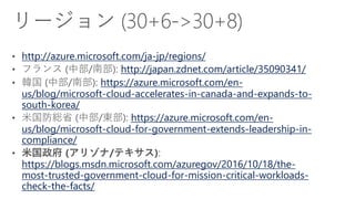 http://azure.microsoft.com/ja-jp/regions/
http://japan.zdnet.com/article/35090341/
https://azure.microsoft.com/en-
us/blog/microsoft-cloud-accelerates-in-canada-and-expands-to-
south-korea/
https://azure.microsoft.com/en-
us/blog/microsoft-cloud-for-government-extends-leadership-in-
compliance/
https://blogs.msdn.microsoft.com/azuregov/2016/10/18/the-
most-trusted-government-cloud-for-mission-critical-workloads-
check-the-facts/
 