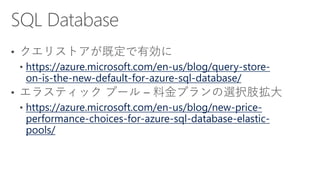 https://azure.microsoft.com/en-us/blog/query-store-
on-is-the-new-default-for-azure-sql-database/
https://azure.microsoft.com/en-us/blog/new-price-
performance-choices-for-azure-sql-database-elastic-
pools/
 