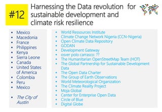 Harnessing the Data revolution for
sustainable development and
climate risk resilience
 Mexico
 Macedonia
 France
 Philippines
 Kenya
 Sierra Leone
 Canada
 United States
of America
 Colombia
 Peru
 Mexico
 The City of
Austin
 World Ressources Institute
 Climate Change Network Nigeria (CCN-Nigeria)
 Open Climate Data Repository
 GODAN
 Development Gateway
 osver polo carrasco: ??
 The Humanitarian OpenStreetMap Team (HOT)
 The Global Partnership for Sustainable Development
Data
 The Open Data Charter
 The Group of Earth Observations
 World Meteorological Organization
 The Climate Reality Project
 Moja Global
 Center for Enterprise Open Data
 Circle of Blue
 Digital Globe
#12
 