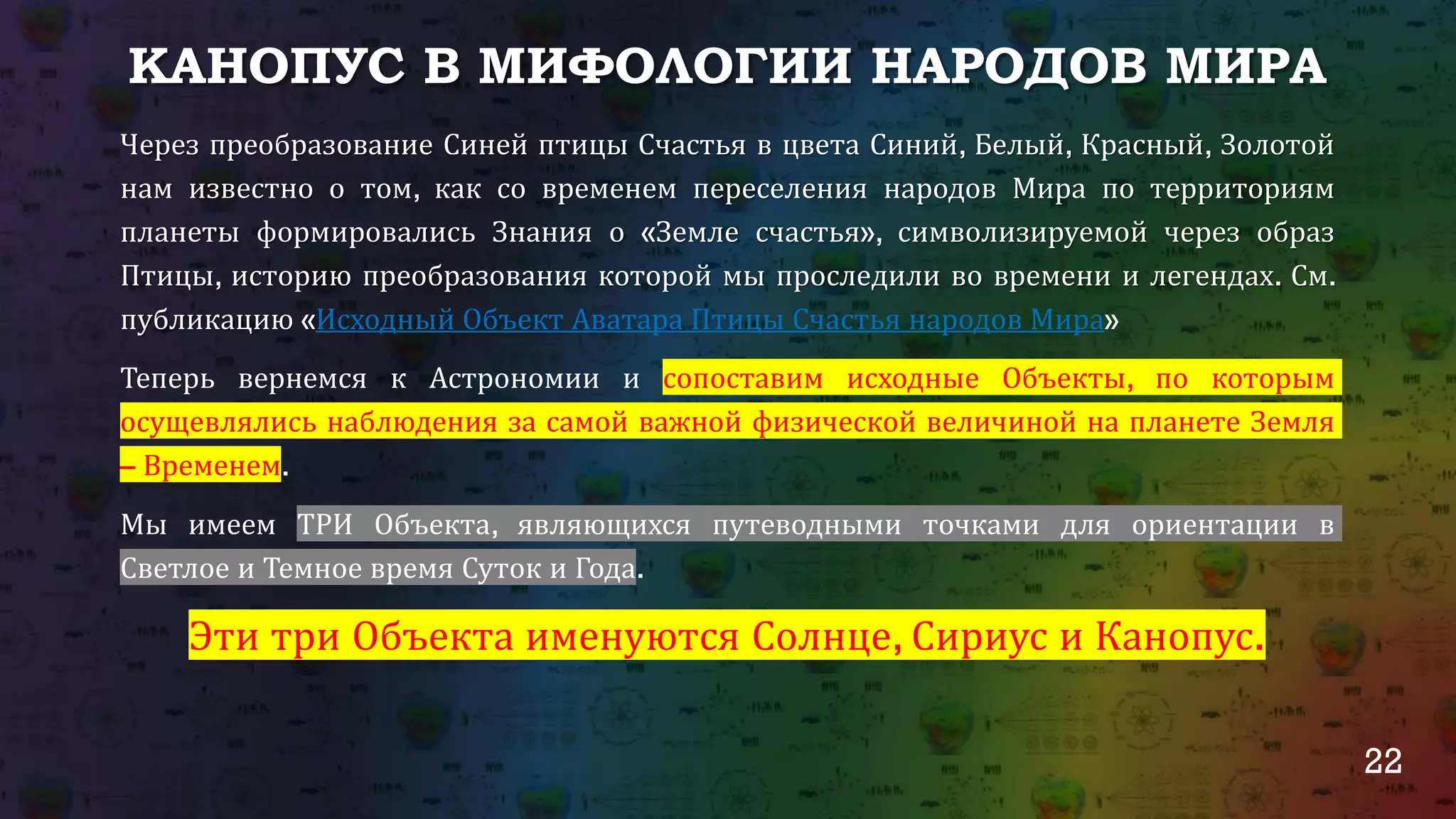 22
КАНОПУС В МИФОЛОГИИ НАРОДОВ МИРА
Через преобразование Синей птицы Счастья в цвета Синий, Белый, Красный, Золотой
нам известно о том, как со временем переселения народов Мира по территориям
планеты формировались Знания о «Земле счастья», символизируемой через образ
Птицы, историю преобразования которой мы проследили во времени и легендах. См.
публикацию «Исходный Объект Аватара Птицы Счастья народов Мира»
Теперь вернемся к Астрономии и сопоставим исходные Объекты, по которым
осущевлялись наблюдения за самой важной физической величиной на планете Земля
– Временем.
Мы имеем ТРИ Объекта, являющихся путеводными точками для ориентации в
Светлое и Темное время Суток и Года.
Эти три Объекта именуются Солнце, Сириус и Канопус.
 