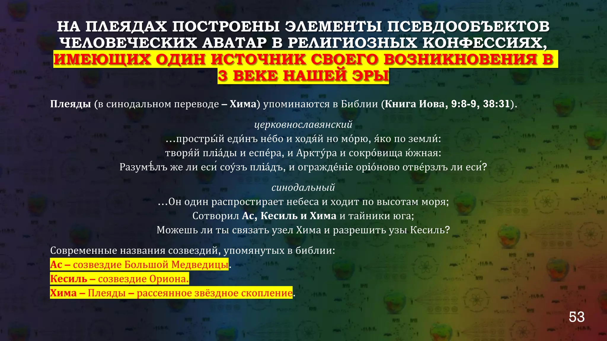 53
НА ПЛЕЯДАХ ПОСТРОЕНЫ ЭЛЕМЕНТЫ ПСЕВДООБЪЕКТОВ
ЧЕЛОВЕЧЕСКИХ АВАТАР В РЕЛИГИОЗНЫХ КОНФЕССИЯХ,
ИМЕЮЩИХ ОДИН ИСТОЧНИК СВОЕГО ВОЗНИКНОВЕНИЯ В
3 ВЕКЕ НАШЕЙ ЭРЫ
Плеяды (в синодальном переводе – Хима) упоминаются в Библии (Книга Иова, 9:8-9, 38:31).
церковнославянский
…простры́ й еди́ нъ не́бо и ходя́й но мо́рю, я́ко по земли́ :
творя́й плiа́ды и еспе́ра, и Аркту́ра и сокро́вища ю́ жная:
Разумѣ́ лъ же ли еси́ соу́зъ плiа́дъ, и огражде́нiе орiо́ново отве́рзлъ ли еси́?
синодальный
…Он один распростирает небеса и ходит по высотам моря;
Сотворил Ас, Кесиль и Хима и тайники юга;
Можешь ли ты связать узел Хима и разрешить узы Кесиль?
Современные названия созвездий, упомянутых в библии:
Ас – созвездие Большой Медведицы.
Кесиль – созвездие Ориона.
Хима – Плеяды – рассеянное звёздное скопление.
 