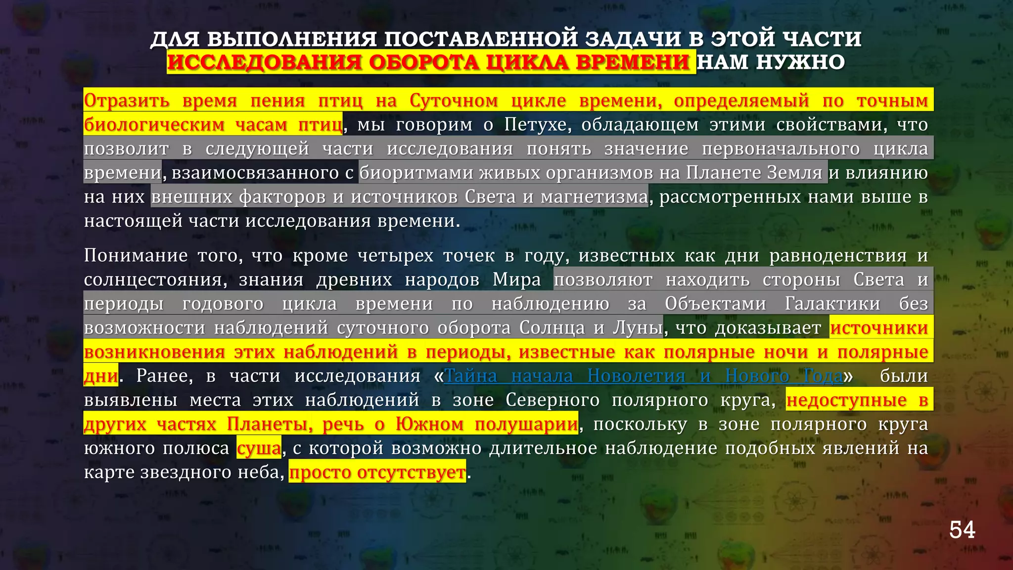 54
ДЛЯ ВЫПОЛНЕНИЯ ПОСТАВЛЕННОЙ ЗАДАЧИ В ЭТОЙ ЧАСТИ
ИССЛЕДОВАНИЯ ОБОРОТА ЦИКЛА ВРЕМЕНИ НАМ НУЖНО
Отразить время пения птиц на Суточном цикле времени, определяемый по точным
биологическим часам птиц, мы говорим о Петухе, обладающем этими свойствами, что
позволит в следующей части исследования понять значение первоначального цикла
времени, взаимосвязанного с биоритмами живых организмов на Планете Земля и влиянию
на них внешних факторов и источников Света и магнетизма, рассмотренных нами выше в
настоящей части исследования времени.
Понимание того, что кроме четырех точек в году, известных как дни равноденствия и
солнцестояния, знания древних народов Мира позволяют находить стороны Света и
периоды годового цикла времени по наблюдению за Объектами Галактики без
возможности наблюдений суточного оборота Солнца и Луны, что доказывает источники
возникновения этих наблюдений в периоды, известные как полярные ночи и полярные
дни. Ранее, в части исследования «Тайна начала Новолетия и Нового Года» были
выявлены места этих наблюдений в зоне Северного полярного круга, недоступные в
других частях Планеты, речь о Южном полушарии, поскольку в зоне полярного круга
южного полюса суша, с которой возможно длительное наблюдение подобных явлений на
карте звездного неба, просто отсутствует.
 
