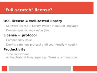 "Full-scratch" license?
OSS license = well-tested library
Software license = library written in natural language
Domain sp...