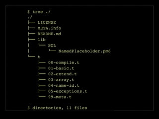 $ tree ./!
./!
"## LICENSE!
"## META.info!
"## README.md!
"## lib!
$   %## SQL!
$   %## NamedPlaceholder.pm6!
%## t!
"## 00-compile.t!
"## 01-basic.t!
"## 02-extend.t!
"## 03-array.t!
"## 04-name-id.t!
"## 05-exceptions.t!
%## 99-meta.t!
!
3 directories, 11 files
 