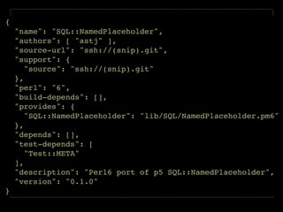 {!
"name": "SQL::NamedPlaceholder",!
"authors": [ "astj" ],!
"source-url": "ssh://(snip).git",!
"support": {!
"source": "ssh://(snip).git"!
},!
"perl": "6",!
"build-depends": [],!
"provides": {!
"SQL::NamedPlaceholder": "lib/SQL/NamedPlaceholder.pm6"!
},!
"depends": [],!
"test-depends": [!
"Test::META"!
],!
"description": "Perl6 port of p5 SQL::NamedPlaceholder",!
"version": "0.1.0"!
}
 