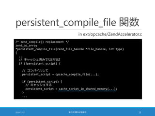 persistent_compile_file 関数
in ext/opcache/ZendAccelerator.c
2016-12-11 第七回 闇PHP勉強会 15
/* zend_compile() replacement */
zend_op_array
*persistent_compile_file(zend_file_handle *file_handle, int type)
{
...
// キャッシュ済みでなければ
if (!persistent_script) {
// コンパイルして
persistent_script = opcache_compile_file(...);
if (persistent_script) {
// キャッシュする
persistent_script = cache_script_in_shared_memory(...);
}
...
 