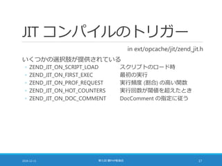 JIT コンパイルのトリガー
in ext/opcache/jit/zend_jit.h
いくつかの選択肢が提供されている
◦ ZEND_JIT_ON_SCRIPT_LOAD スクリプトのロード時
◦ ZEND_JIT_ON_FIRST_EXEC 最初の実行
◦ ZEND_JIT_ON_PROF_REQUEST 実行頻度 (割合) の高い関数
◦ ZEND_JIT_ON_HOT_COUNTERS 実行回数が閾値を超えたとき
◦ ZEND_JIT_ON_DOC_COMMENT DocComment の指定に従う
2016-12-11 第七回 闇PHP勉強会 17
 