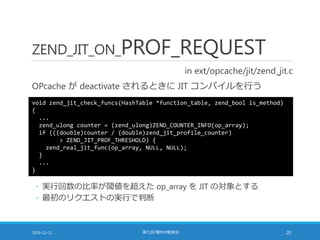 ZEND_JIT_ON_PROF_REQUEST
in ext/opcache/jit/zend_jit.c
OPcache が deactivate されるときに JIT コンパイルを行う
2016-12-11 第七回 闇PHP勉強会 20
void zend_jit_check_funcs(HashTable *function_table, zend_bool is_method)
{
...
zend_ulong counter = (zend_ulong)ZEND_COUNTER_INFO(op_array);
if (((double)counter / (double)zend_jit_profile_counter)
> ZEND_JIT_PROF_THRESHOLD) {
zend_real_jit_func(op_array, NULL, NULL);
}
...
}
◦ 実行回数の比率が閾値を超えた op_array を JIT の対象とする
◦ 最初のリクエストの実行で判断
 