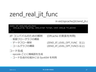 zend_real_jit_func
in ext/opcache/jit/zend_jit.c
2016-12-11 第七回 闇PHP勉強会 27
static int zend_real_jit_func(
zend_op_array *op_array, zend_script *script, const zend_op *rt_opline)
{
...
JIT コンパイルのための解析 (OPcache の実装を利用)
◦ 制御フローグラフの構築
◦ データフロー解析 (ZEND_JIT_LEVEL_OPT_FUNC 以上)
◦ コールグラフの構築 (ZEND_JIT_LEVEL_OPT_FUNCS 以上)
コード生成
◦ opcode ごとに機械語を生成
◦ コード生成の仕組みには DynASM を利用
 