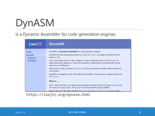 DynASM
is a Dynamic Assembler for code generation engines.
2016-12-11 第七回 闇PHP勉強会 30
https://luajit.org/dynasm.html
 