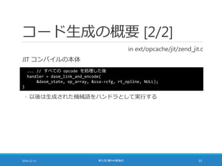 コード生成の概要 [2/2]
in ext/opcache/jit/zend_jit.c
JIT コンパイルの本体
2016-12-11 第七回 闇PHP勉強会 33
... // すべての opcode を処理した後
handler = dasm_link_and_encode(
&dasm_state, op_array, &ssa->cfg, rt_opline, NULL);
}
◦ 以後は生成された機械語をハンドラとして実行する
 