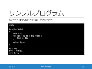 サンプルプログラム
0 から 9 までの和を計算して表示する
2016-12-11 第七回 闇PHP勉強会 35
<?php
function f($a)
{
$sum = 0;
for ($i = 0; $i < $a; ++$i) {
$sum += $i;
}
return $sum;
}
$a = 10;
$ans = f($a);
echo $ans;
 