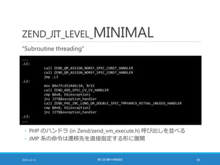 ZEND_JIT_LEVEL_MINIMAL
"Subroutine threading"
2016-12-11 第七回 闇PHP勉強会 40
...
.L1:
call ZEND_QM_ASSIGN_NOREF_SPEC_CONST_HANDLER
call ZEND_QM_ASSIGN_NOREF_SPEC_CONST_HANDLER
jmp .L3
.L2:
mov $0x7fcd524d6c10, %r15
call ZEND_ADD_SPEC_CV_CV_HANDLER
cmp $0x0, EG(exception)
jnz JIT$$exception_handler
call ZEND_PRE_INC_LONG_OR_DOUBLE_SPEC_TMPVARCV_RETVAL_UNUSED_HANDLER
cmp $0x0, EG(exception)
jnz JIT$$exception_handler
.L3:
...
◦ PHP のハンドラ (in Zend/zend_vm_execute.h) 呼び出しを並べる
◦ JMP 系の命令は遷移先を直接指定する形に展開
 