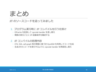 まとめ
JIT のソースコードを追ってみました
1. プログラム実行時に JIT コンパイルを行う仕掛け
◦ OPcache を拡張して opcode handler を差し替え
◦ 関数の実行ごとに JIT 起動条件を確認する
2. JIT コンパイルの処理内容
◦ CFG, SSA, call-graph 等の情報に基づき DynASM を利用してコード生成
◦ 生成されたコードを実行するように opcode handler を再度差し替え
2016-12-11 第七回 闇PHP勉強会 44
 