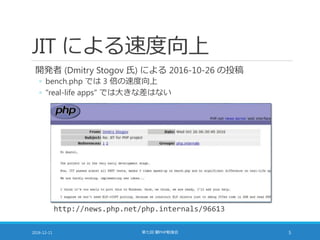 JIT による速度向上
2016-12-11 第七回 闇PHP勉強会 5
http://news.php.net/php.internals/96613
開発者 (Dmitry Stogov 氏) による 2016-10-26 の投稿
◦ bench.php では 3 倍の速度向上
◦ "real-life apps" では大きな差はない
 