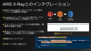AWS X-Rayとのインテグレーション
✤AWS X-Rayを⽤いることでサービス間の
イベントの遷移を可視化
✤Lambdaファンクションから他のサービス
に対する呼び出しと時間をトレース
✤ファンクションとサービスの依存関係、関
連性を実際に⽬視
✤消えたイベントやスロットルといった状態
を確認したり診断したりが簡単に
✤簡単なセットアップ
✤サポートはもう間もなく
簡単セットアップ
AWS
Lambda
Amazon
S3
Amazon
DynamoDB
 