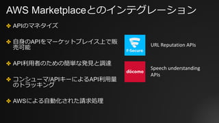 AWS Marketplaceとのインテグレーション
✤ APIのマネタイズ
✤ ⾃⾝のAPIをマーケットプレイス上で販
売可能
✤ API利⽤者のための簡単な発⾒と調達
✤ コンシューマ/APIキーによるAPI利⽤量
のトラッキング
✤ AWSによる⾃動化された請求処理
URL	Reputation	APIs
Speech	understanding	
APIs
 