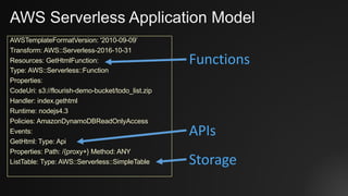 AWS Serverless Application Model
AWSTemplateFormatVersion: '2010-09-09’
Transform: AWS::Serverless-2016-10-31
Resources: GetHtmlFunction:
Type: AWS::Serverless::Function
Properties:
CodeUri: s3://flourish-demo-bucket/todo_list.zip
Handler: index.gethtml
Runtime: nodejs4.3
Policies: AmazonDynamoDBReadOnlyAccess
Events:
GetHtml: Type: Api
Properties: Path: /{proxy+} Method: ANY
ListTable: Type: AWS::Serverless::SimpleTable
Functions
APIs
Storage
 