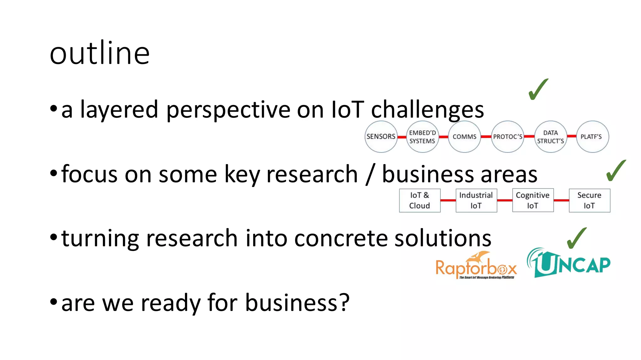 outline
•a	layered	perspective	on	IoT challenges
•focus	on	some	key	research	/	business	areas
•turning	research	into	concrete	solutions
•are	we	ready	for	business?
 