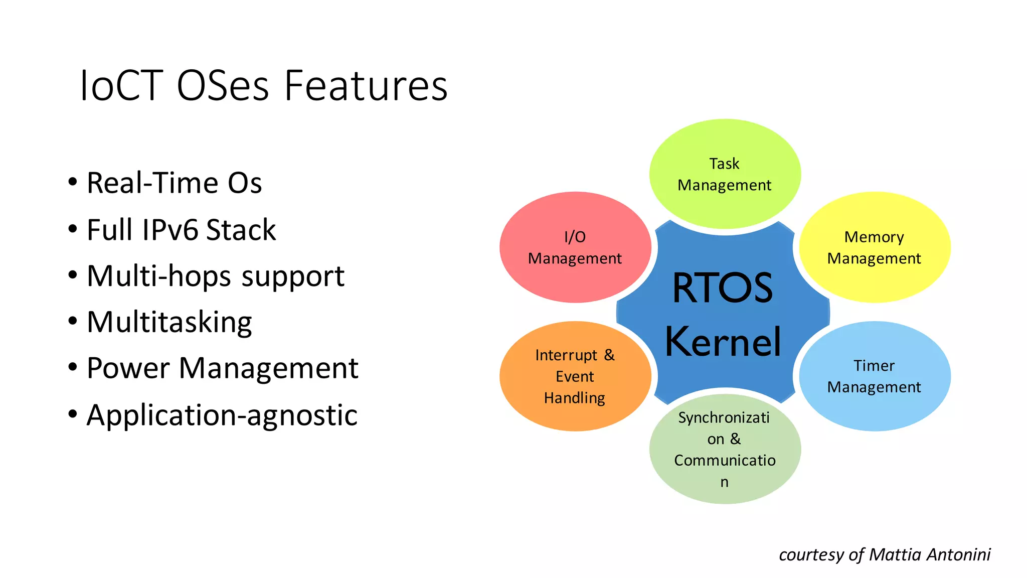 IoCT OSes	Features
• Real-Time	Os
• Full	IPv6	Stack
• Multi-hops	support
• Multitasking
• Power	Management
• Application-agnostic
RTOS
Kernel
I/O
Management
Task
Management
Memory
Management
Interrupt	&
Event	
Handling
Timer
Management
Synchronizati
on &
Communicatio
n
courtesy	of	Mattia Antonini
 