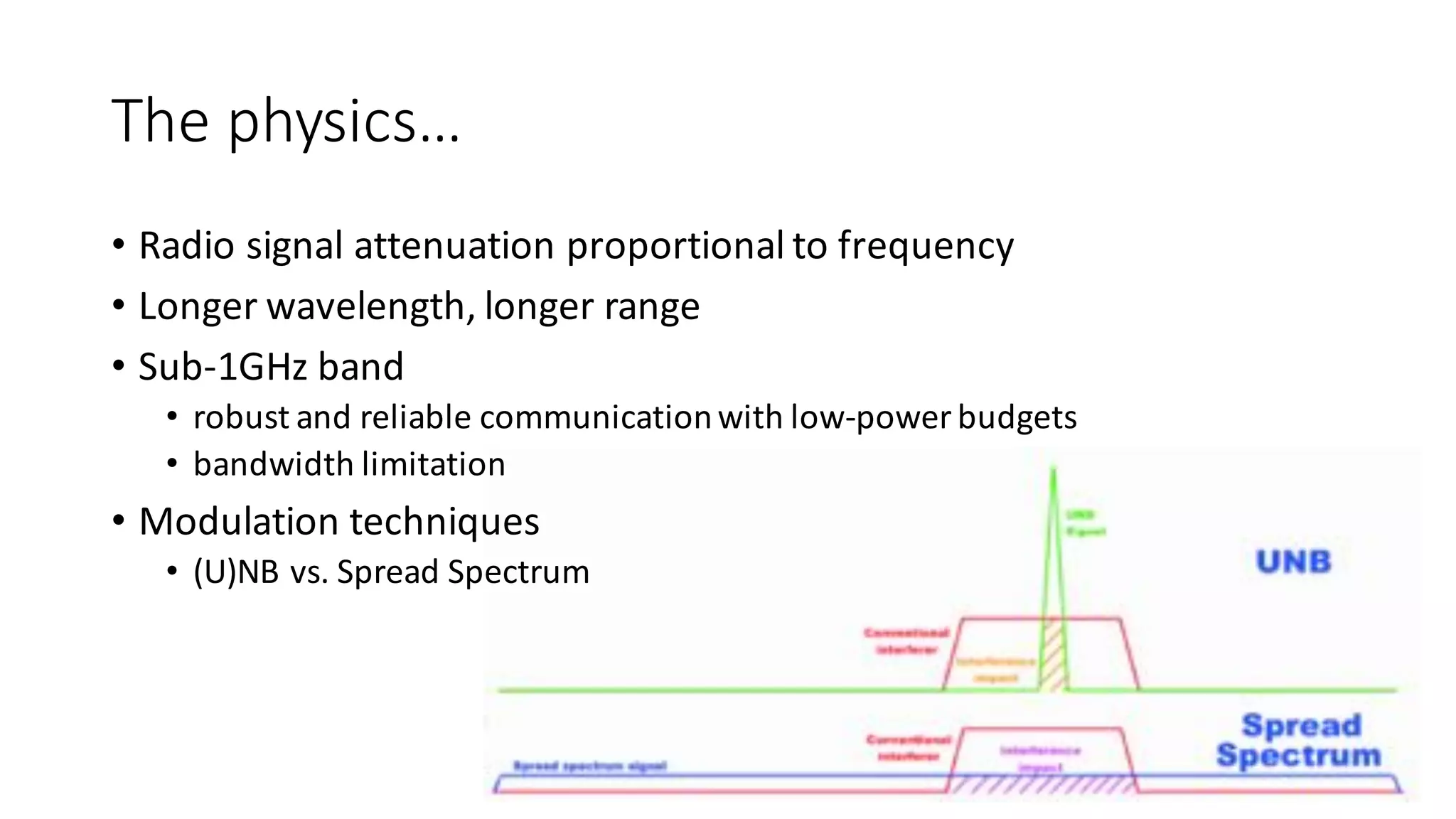The	physics…
• Radio	signal	attenuation	proportional	to	frequency		
• Longer	wavelength,	longer	range	
• Sub-1GHz	band	
• robust	and	reliable	communication	with	low-power	budgets
• bandwidth	limitation
• Modulation	techniques
• (U)NB	vs.	Spread	Spectrum	
 