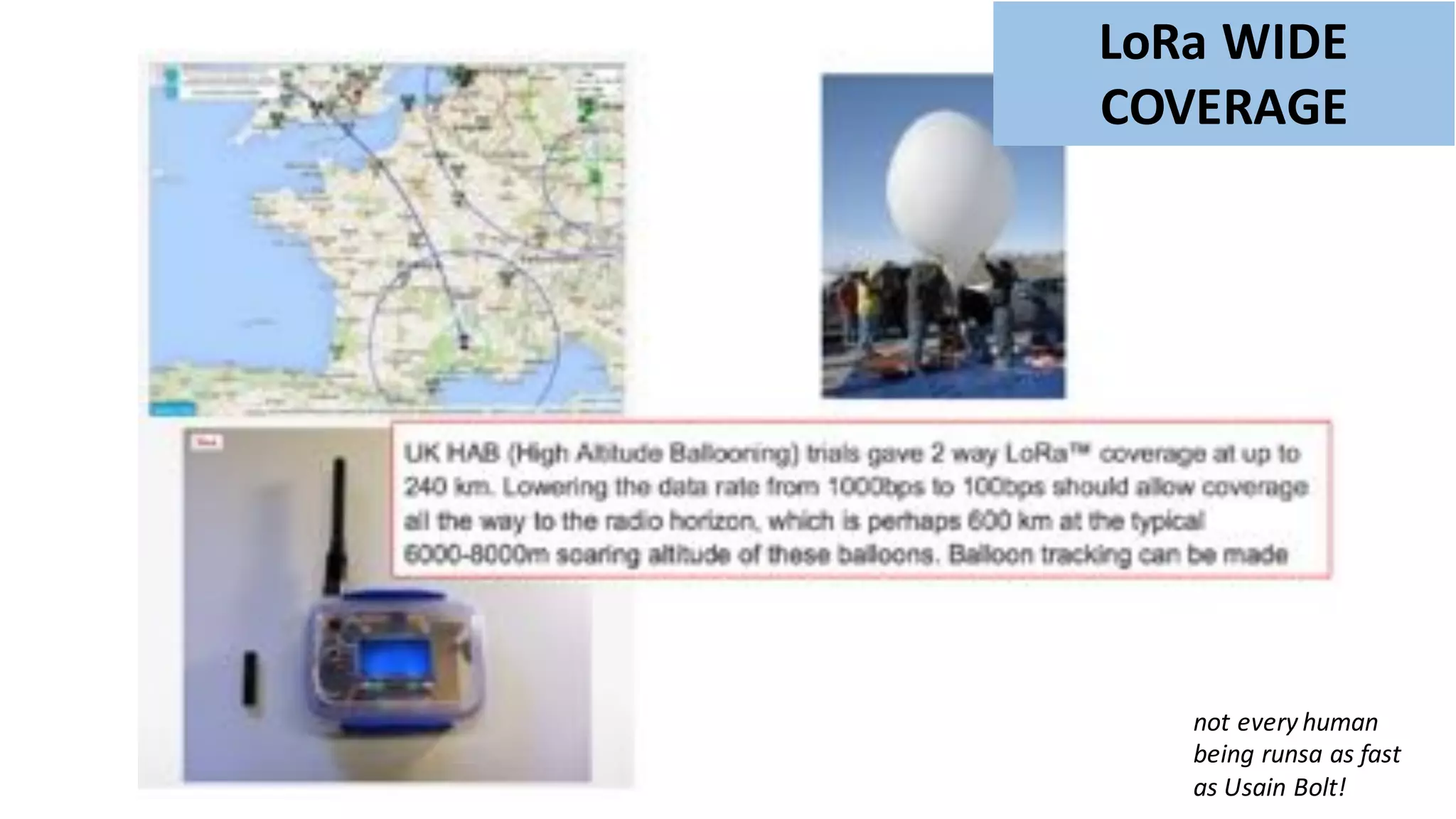 LoRa WIDE	
COVERAGE
not	every	human	
being	runsa as	fast	
as	Usain	Bolt!
 