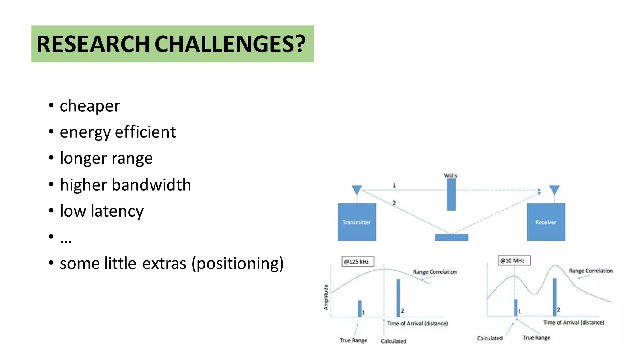 RESEARCH	CHALLENGES?
• cheaper
• energy	efficient
• longer	range
• higher	bandwidth
• low	latency
• …
• some	little	extras	(positioning)
 