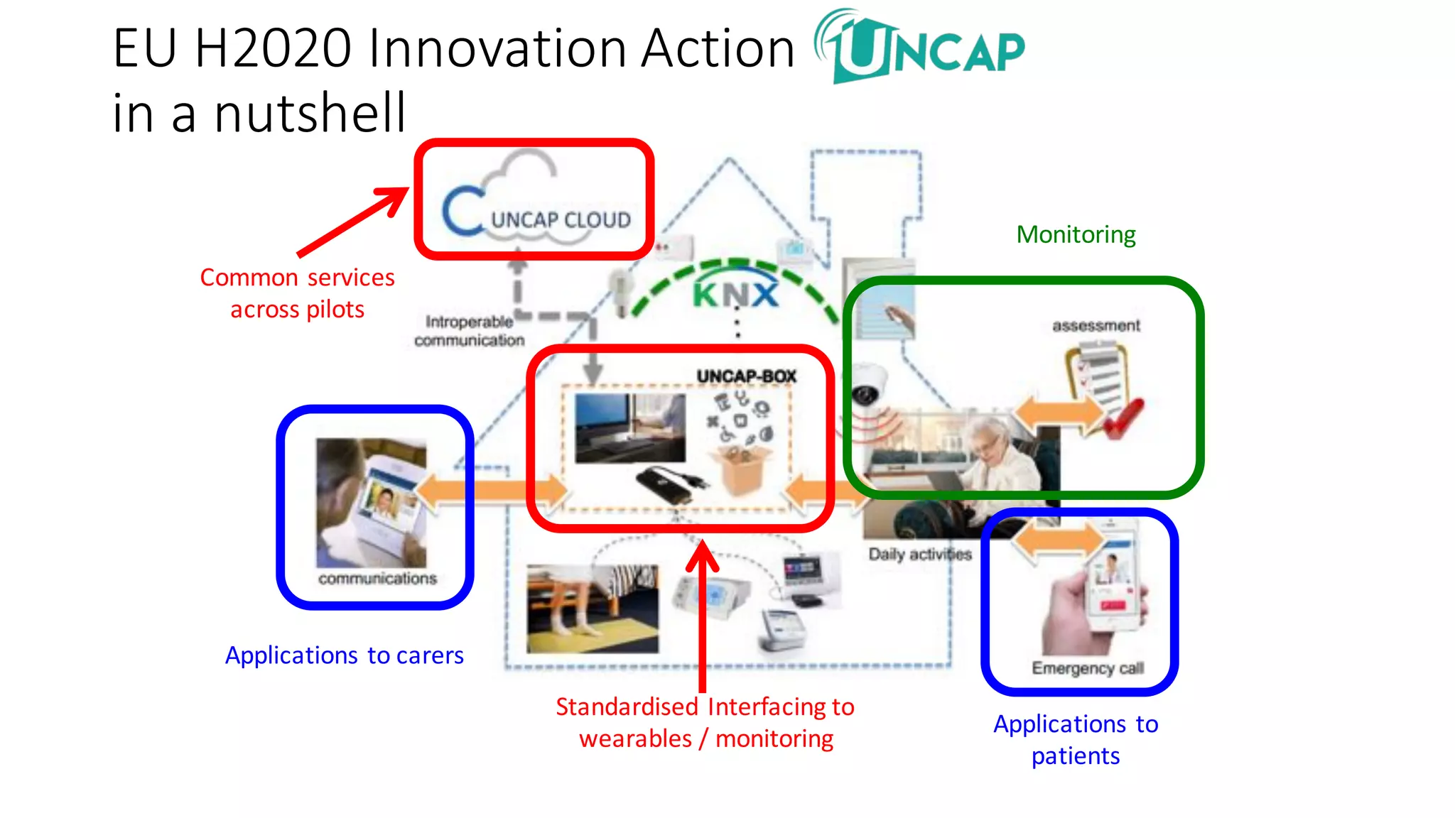 EU	H2020	Innovation	Action	
in	a	nutshell
Standardised Interfacing	to	
wearables /	monitoring
Common	services	
across	pilots
Applications	to	carers
Applications	to	
patients
Monitoring
 