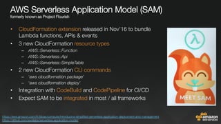 AWS Serverless Application Model (SAM)"
formerly known as Project Flourish
•  CloudFormation extension released in Nov’16 to bundle
Lambda functions, APIs & events
•  3 new CloudFormation resource types
–  AWS::Serverless::Function
–  AWS::Serverless::Api
–  AWS::Serverless::SimpleTable
•  2 new CloudFormation CLI commands
–  ‘aws cloudformation package’
–  ‘aws cloudformation deploy’
•  Integration with CodeBuild and CodePipeline for CI/CD
•  Expect SAM to be integrated in most / all frameworks
https://aws.amazon.com/fr/blogs/compute/introducing-simpliﬁed-serverless-application-deplyoment-and-management 
https://github.com/awslabs/serverless-application-model/ 
 