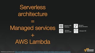 Serverless
architecture"
="
Managed services "
+"
AWS Lambda"
"
Reference architectures: http://www.allthingsdistributed.com/2016/06/aws-lambda-serverless-reference-architectures.html 
 