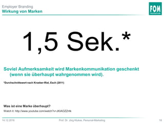 Soviel Aufmerksamkeit wird Markenkommunikation geschenkt
(wenn sie überhaupt wahrgenommen wird).
*Durchschnittswert nach Kroeber-Riel, Esch (2011)
Was ist eine Marke überhaupt?
Watch it: http://www.youtube.com/watch?v=JKIAOZZritk
Wirkung von Marken
18Prof. Dr. Jörg Klukas, Personal-Marketing14.12.2016
Employer Branding
 
