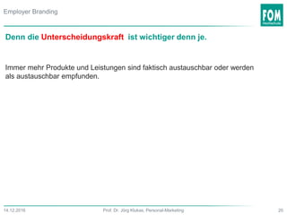Denn die Unterscheidungskraft ist wichtiger denn je.
Immer mehr Produkte und Leistungen sind faktisch austauschbar oder werden
als austauschbar empfunden.
20Prof. Dr. Jörg Klukas, Personal-Marketing14.12.2016
Employer Branding
 