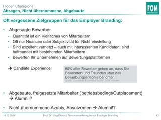 Hidden Champions
Oft vergessene Zielgruppen für das Employer Branding:
• Abgesagte Bewerber
• Quantität ist ein Vielfaches von Mitarbeitern
• Oft nur Nuancen oder Subjektivität für Nicht-einstellung
• Sind exzellent vernetzt – auch mit interessanten Kandidaten; sind
befreundet mit bestehenden Mitarbeitern
• Bewerten Ihr Unternehmen auf Bewertungsplattformen
 Candiate Experience!
• Abgebaute, freigesetzte Mitarbeiter (betriebsbedingt/Outplacement)
 Alumni!?
• Nicht-übernommene Azubis, Absolventen  Alumni!?
Absagen, Nicht-übernommene, Abgebaute
42Prof. Dr. Jörg Klukas | Personalmarketing versus Employer Branding14.12.2016
 