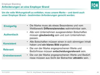 Employer Branding
Um die volle Wirkungskraft zu entfalten, muss unsere Marke – und damit auch
unser Employer Brand – bestimmten Anforderungen gerecht werden:
Einzigartig
Authentisch
Konsistent
Relevant
Erstrebenswert
Anforderungen an eine Employer Brand
44Prof. Dr. Jörg Klukas | Personalmarketing versus Employer Branding14.12.2016
• Die Marke muss als etwas Besonderes und vom
Wettbewerb Differenzierendes wahrnehmbar sein.
• Alle vom Unternehmen ausgesendeten Botschaften
müssen glaubwürdig sein und zum Unternehmen
passen.
• Alle Botschaften müssen einen in sich stimmigen Inhalt
haben und ein klares Bild ergeben.
• Die von der Marke angesprochenen Werte und
Bedürfnisse müssen entscheidungsrelevant sein.
• Die von der Marke angesprochenen Werte und Bedürf-
nisse müssen aus Sicht der Betrachter attraktiv sein.
 