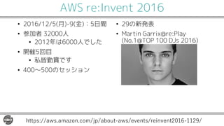 AWS re:Invent 2016
• 2016/12/5(月)-9(金)：5日間
• 参加者 32000人
• 2012年は6000人でした
• 開催5回目
• 私皆勤賞です
• 400〜500のセッション
• 29の新発表
• Marti...