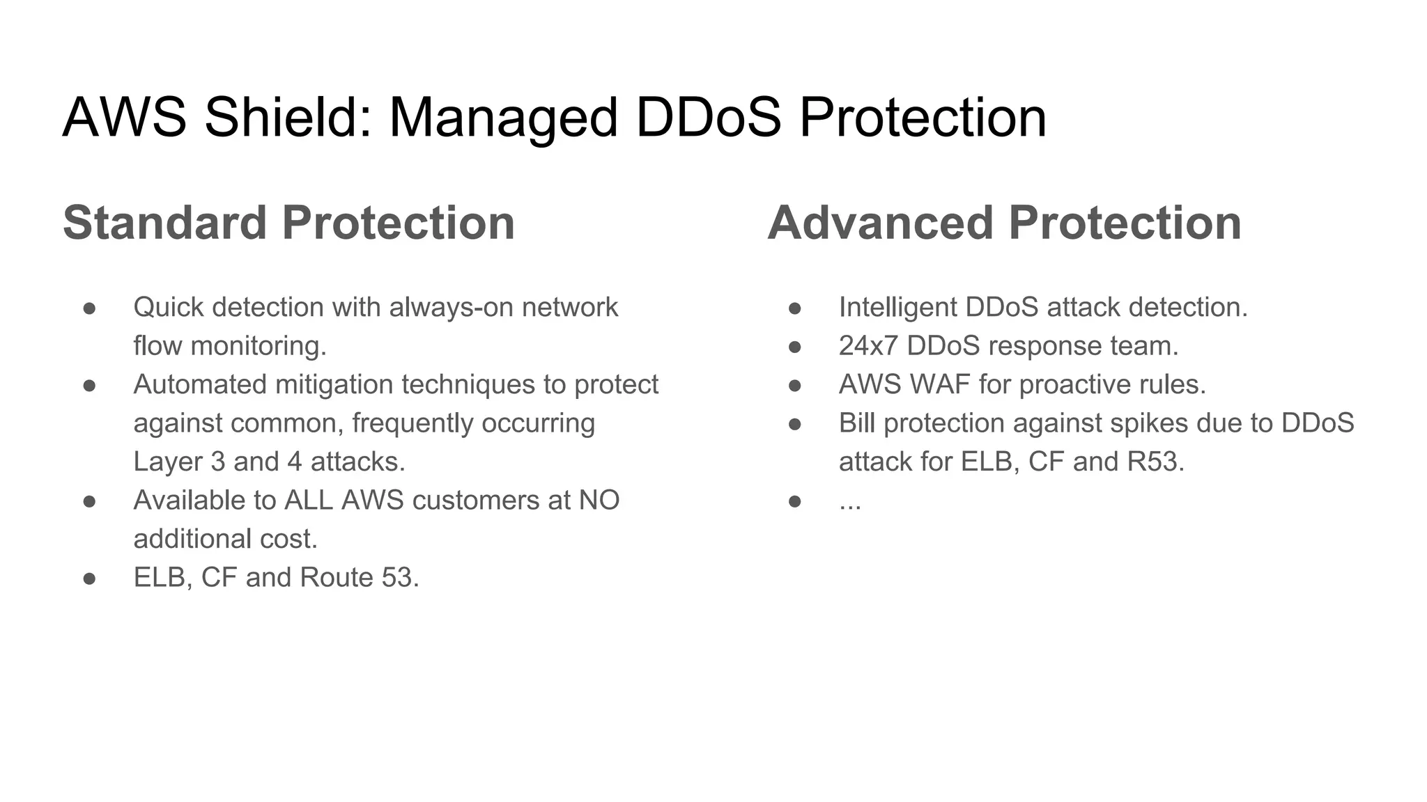 AWS Shield: Managed DDoS Protection
Standard Protection
● Quick detection with always-on network
flow monitoring.
● Automated mitigation techniques to protect
against common, frequently occurring
Layer 3 and 4 attacks.
● Available to ALL AWS customers at NO
additional cost.
● ELB, CF and Route 53.
Advanced Protection
● Intelligent DDoS attack detection.
● 24x7 DDoS response team.
● AWS WAF for proactive rules.
● Bill protection against spikes due to DDoS
attack for ELB, CF and R53.
● ...
 