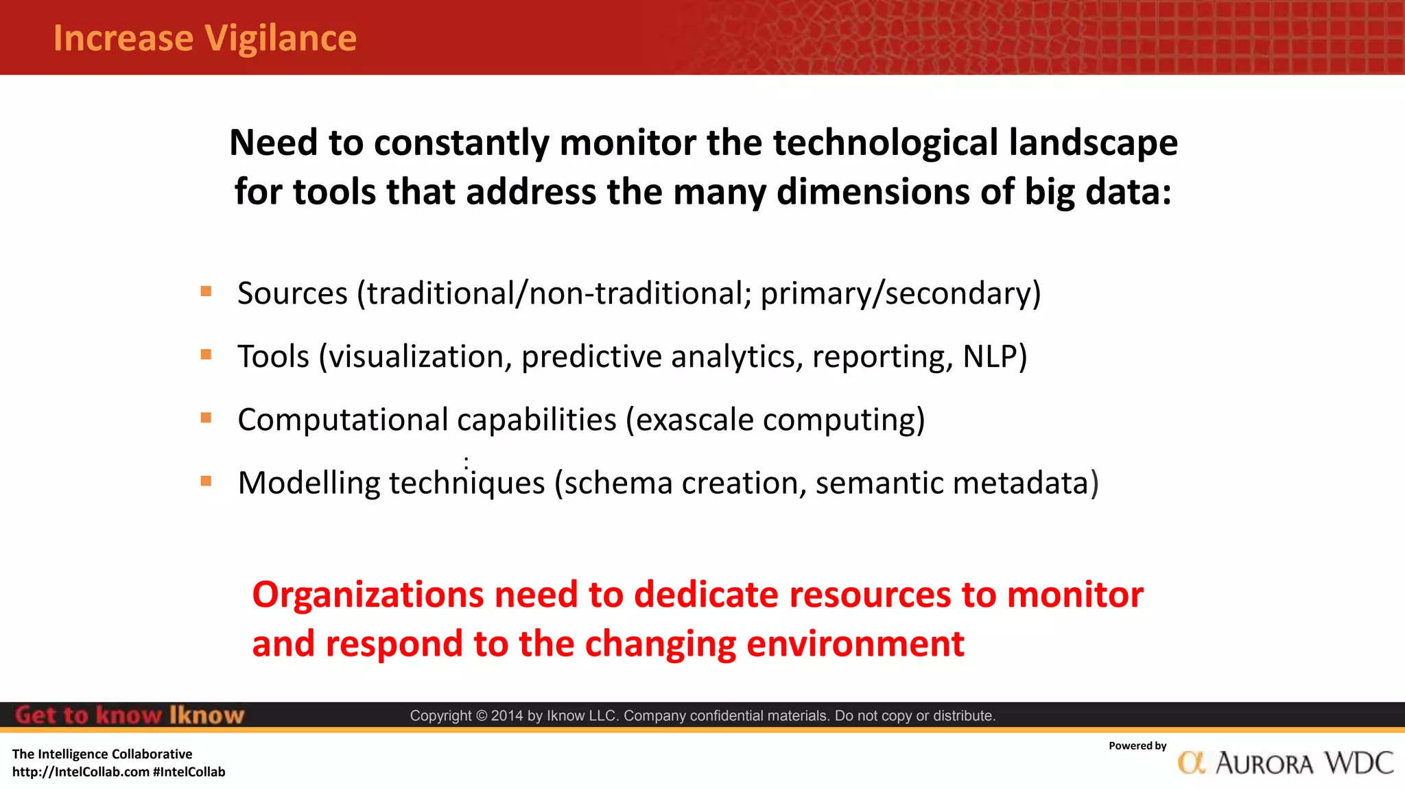 The Intelligence Collaborative
http://IntelCollab.com #IntelCollab
Powered by
Copyright © 2014 by Iknow LLC. Company confidential materials. Do not copy or distribute.
Increase Vigilance
:
Need to constantly monitor the technological landscape
for tools that address the many dimensions of big data:
 Sources (traditional/non-traditional; primary/secondary)
 Tools (visualization, predictive analytics, reporting, NLP)
 Computational capabilities (exascale computing)
 Modelling techniques (schema creation, semantic metadata)
Organizations need to dedicate resources to monitor
and respond to the changing environment
 