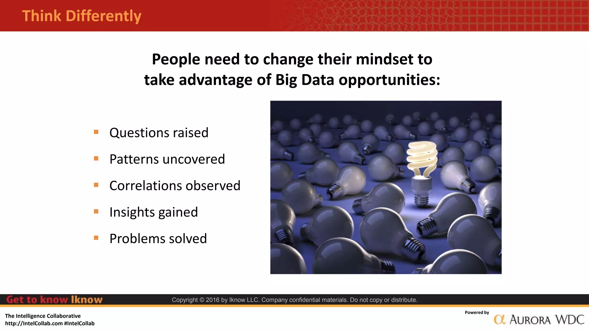 The Intelligence Collaborative
http://IntelCollab.com #IntelCollab
Powered by
Copyright © 2016 by Iknow LLC. Company confidential materials. Do not copy or distribute.
Think Differently
People need to change their mindset to
take advantage of Big Data opportunities:
 Questions raised
 Patterns uncovered
 Correlations observed
 Insights gained
 Problems solved
 
