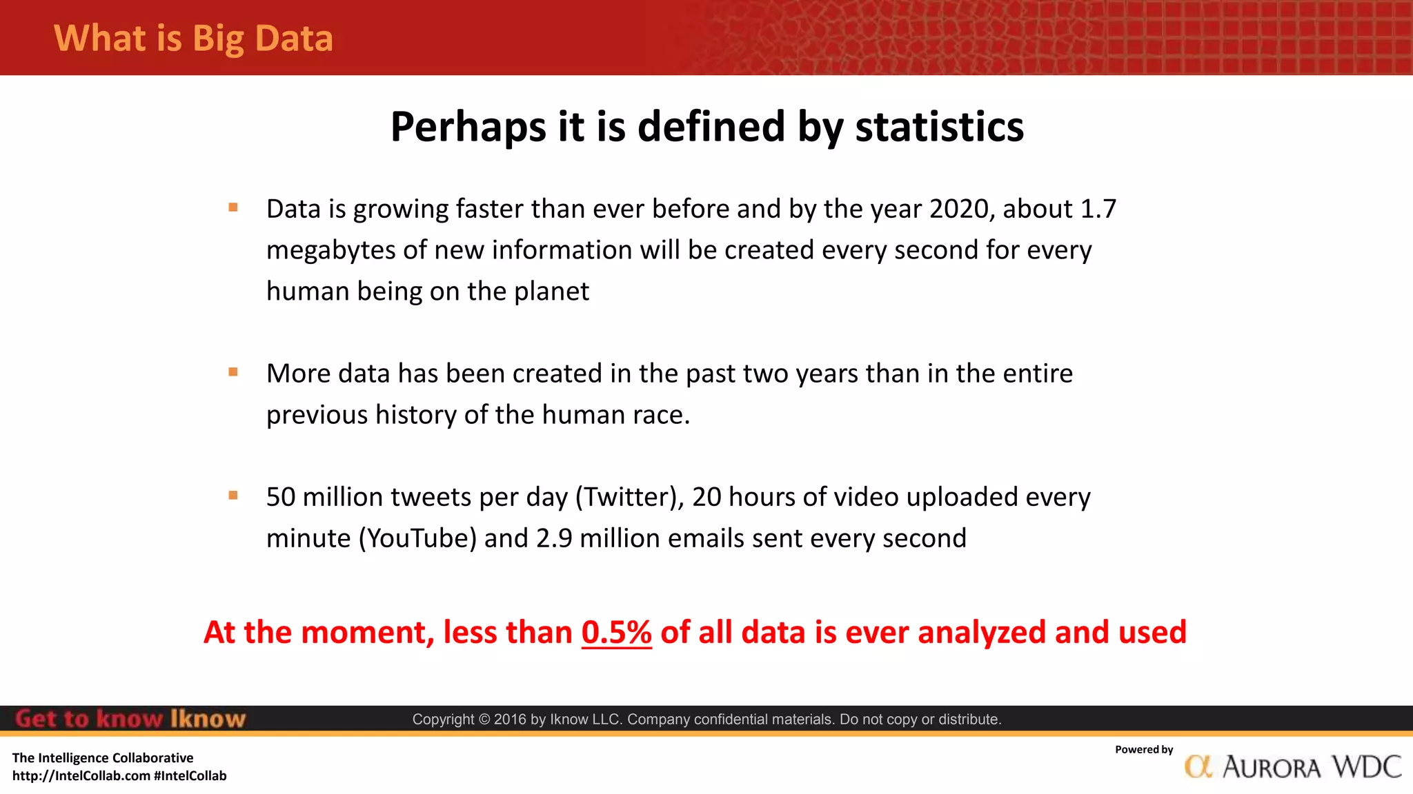 The Intelligence Collaborative
http://IntelCollab.com #IntelCollab
Powered by
Copyright © 2016 by Iknow LLC. Company confidential materials. Do not copy or distribute.
What is Big Data
Perhaps it is defined by statistics
 Data is growing faster than ever before and by the year 2020, about 1.7
megabytes of new information will be created every second for every
human being on the planet
 More data has been created in the past two years than in the entire
previous history of the human race.
 50 million tweets per day (Twitter), 20 hours of video uploaded every
minute (YouTube) and 2.9 million emails sent every second
At the moment, less than 0.5% of all data is ever analyzed and used
 