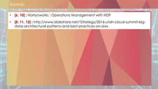 Sources
• [6, 10] : Hortonworks : Operations Management with HDP
• [8, 11, 12] : http://www.slideshare.net/1Strategy/2016-utah-cloud-summit-big-
data-architectural-patterns-and-best-practices-on-aws
 