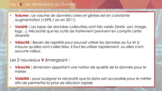 Les 3V : les dimensions du Gartner
• Volume : Le volume de données crées et gérées est en constante
augmentation (+59% / an en 2011)
• Variété : Les types de données collectées sont très variés (texte, son, image,
logs…). Nécessité que les outils de traitement prennent en compte cette
diversité
• Vélocité : Besoin de rapidité pour pouvoir utiliser les données au fur et à
mesure qu'elles sont collectées. Il faut les utiliser rapidement, ou elles n'ont
aucune valeur.
Les 2 nouveaux V émergeant :
• Véracité : dimension apportant une notion de qualité de la donnée pour le
métier
• Visibilité : pour souligner la nécessité que la data soit accessible pour le métier
afin de permettre la prise de décision rapide
 
