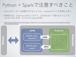 Python + Spark
• Python serialize
• DataFrame API UDF
UDF Scala/Java
• http://www.slideshare.net/dragan10/performant-data-processing-with-pyspark-sparkr-
and-dataframe-api
Executor
JVM
DataFrame,
Cached
Python
lambda items:
items[0] == ‘abc’
transfer
DataFrame,
result
transfer
Driver
 