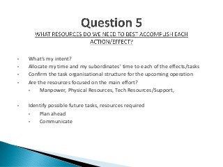 • What’s my intent?
• Allocate my time and my subordinates’ time to each of the effects/tasks
• Confirm the task organisational structure for the upcoming operation
• Are the resources focused on the main effort?
• Manpower, Physical Resources, Tech Resources/Support,
• Identify possible future tasks, resources required
• Plan ahead
• Communicate
 