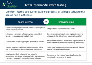 Team interno Crowd Testing
Copre 2 device per persona >> 6-8 device coperti per un
ciclo di test mediamente
50 o più device coperti allo stesso costo
Sottoposto a pressioni sulle consegne e necessità di
lavorare in sovrapposizione ad altri task
Coperture necessarie deliverate in poco tempo >> e
solo quando il test è richiesto (estrema flessibilità)
2 settimane o più per raggiungere le coperture corrette
Alta qualità e copertura deliverata in 2 giorni (anche in
poche ore con i nuovi modelli + 99% bug identificati)
Vacuum approach: rivedendo ripetutamente la stessa
app >> le issue importanti non vengono identificate
“Fresh eyes”, modello commission driven, on the wild
approach >> 99% bug identificati
Focalizzazione degli sviluppatori sul creare le
competenze correte per sviluppare le key features e non
«sprecare» prezioso (e costoso) tempo di sviluppo
Team esterno che assicura l’app «bug free» e che
costruisce le competenze di testing
VS
Un team interno può avere spazio nei processi di sviluppo software ma
spesso non è sufficente.
 