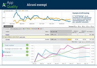 Esempio di A/B testing
L’ “A/B Testing”, è un
processo di test attraverso
cui si vanno a confrontare
simultaneamente due, o
più, possibili soluzioni.
 