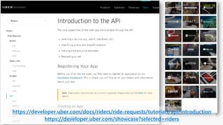https://developer.uber.com/docs/riders/ride-requests/tutorials/api/introduction
https://developer.uber.com/showcase?selected=riders
 