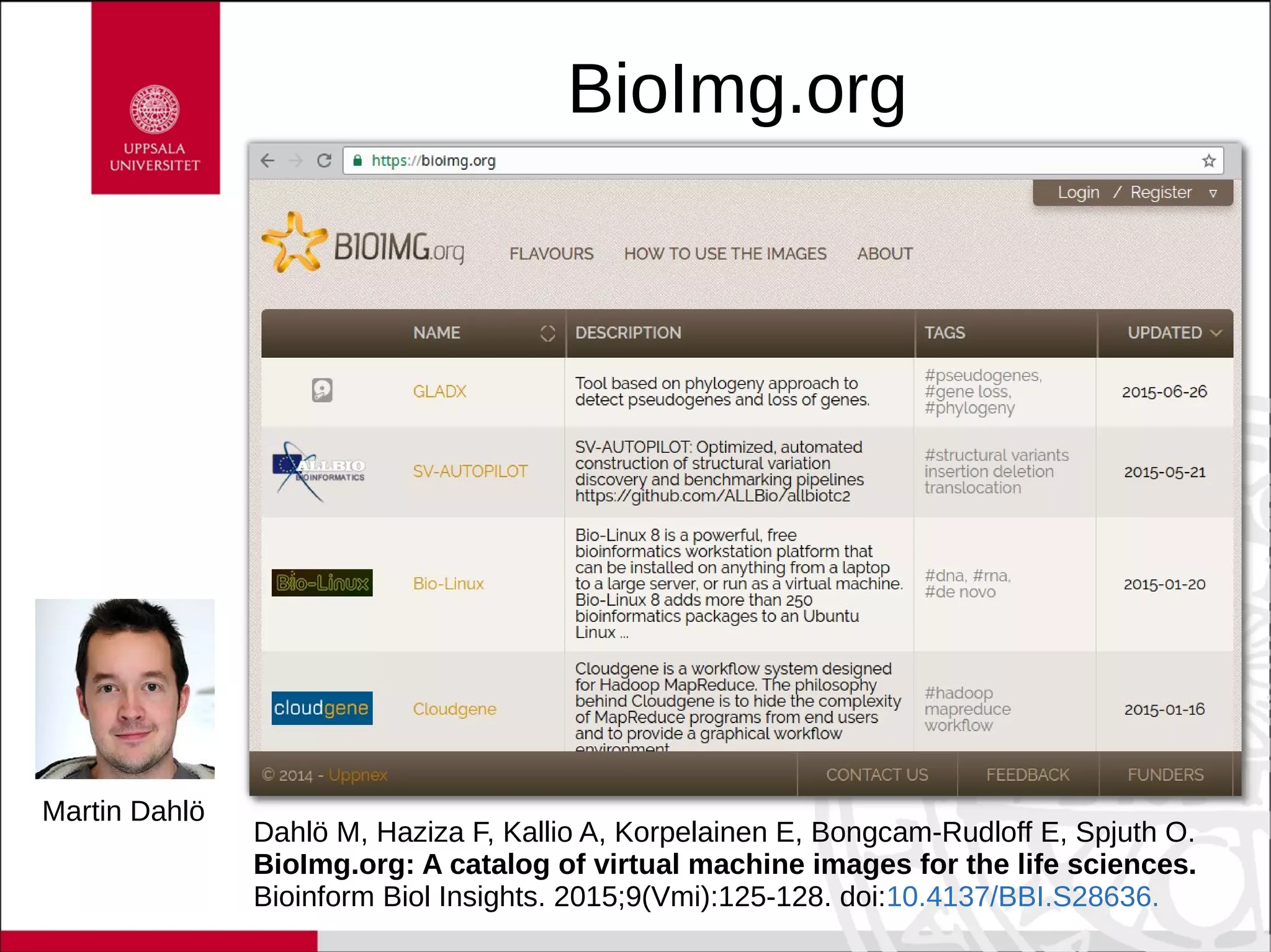 BioImg.org
Dahlö M, Haziza F, Kallio A, Korpelainen E, Bongcam-Rudloff E, Spjuth O.
BioImg.org: A catalog of virtual machine images for the life sciences.
Bioinform Biol Insights. 2015;9(Vmi):125-128. doi:10.4137/BBI.S28636.
Martin Dahlö
 