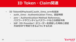 ID  Token・Claim関連
29
• ID  TokenのPayloadにauth_̲time,  armを追加
• auth_̲time：Authentication  Time。認証時間
• amr：Authentication  Method  Reference。
パスワードやワンタイムパスワードなどの認証⼿手段
• IdP（ID  Provider）がユーザーを認証した時刻と認証
⽅方法をRPで判定できるようにするため
 