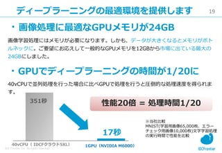 19
IDC Frontier Inc. All rights reserved.
ディープラーニングの最適環境を提供します
・画像処理に最適なGPUメモリが24GB
画像学習処理にはメモリが必要になります。しかも、データが大きくなるとメモリがボト
ルネックに。ご要望にお応えして一般的なGPUメモリを12GBから市場に出ている最大の
24GBにしました。
・GPUでディープラーニングの時間が1/20に
40vCPUで並列処理を行った場合に比べGPUで処理を行うと圧倒的な処理速度を得られま
す。
※当社比較
MNIST(学習用画像65,000枚、エラー
チェック用画像10,000枚)文字学習処理
の実行時間で性能を比較
1GPU（NVIDIA M6000）
351秒
17秒
40vCPU（ IDCFクラウド5XL）
性能20倍 = 処理時間1/20
 